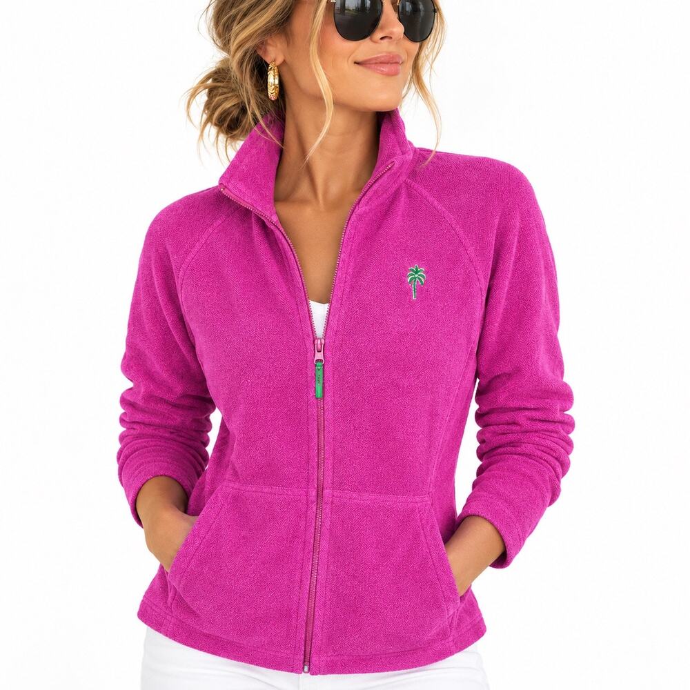 Lilly Pulitzer Vintage Y2K Hot Pink Fleece Jacket Palm Tree Full Zip Size XL